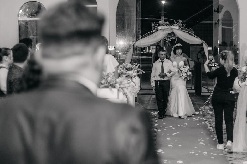 Bride walking down the aisle, capturing engagement photos and wedding moments